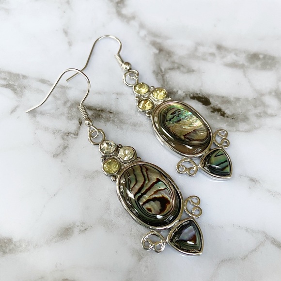 Abalone Shell Oval Earrings with Rhinestones Silver Plated Pierced 18x37mm NEW - Picture 3 of 4